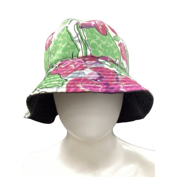 Coach Hat Women’s 1 Size Bucket Style Reversible Flower Print Black Green Pink - Picture 1 of 7